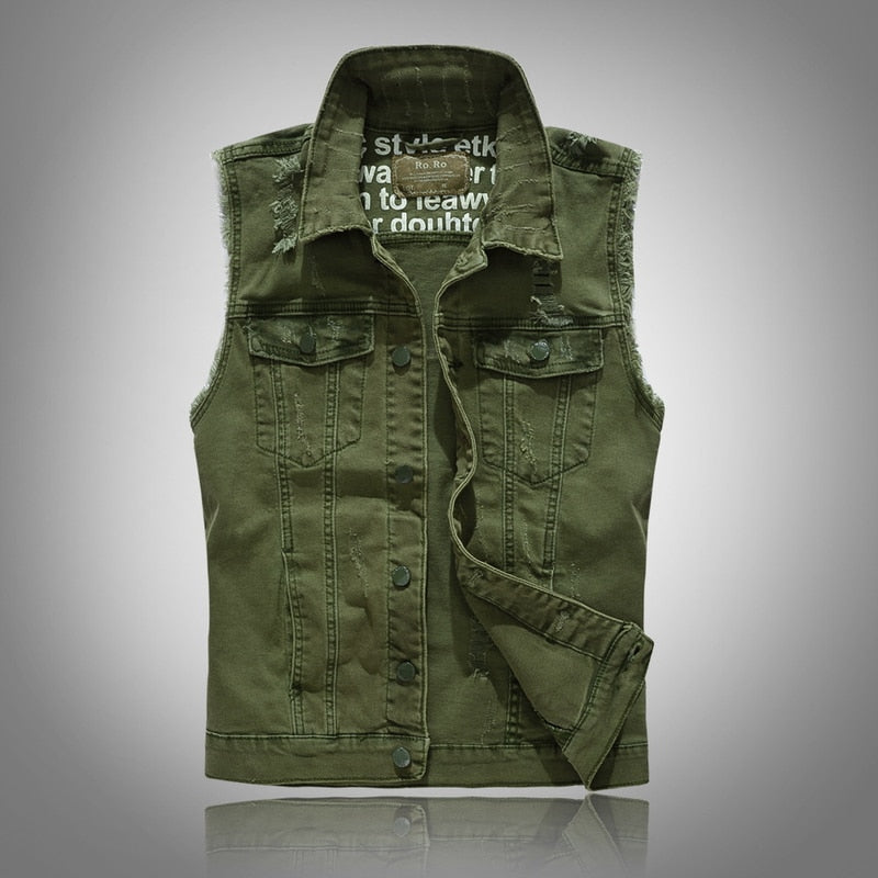 Green Slim Fit Ripped Denim Vest