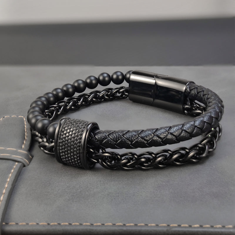 Black Genuine Leather Multi layer Luxury Bracelet