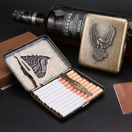 H D Eagle Embossed Portable Metal Flip Open Cigarette Box